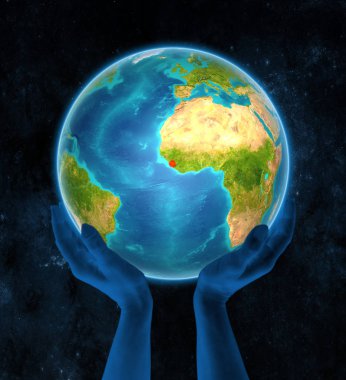 Uzayda elinde Sierra Leone kırmızı küre üzerinde tutulan. 3D çizim.