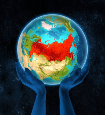 Uzayda elinde kırmızı küre üzerinde Rusya'da düzenlenen. 3D çizim.