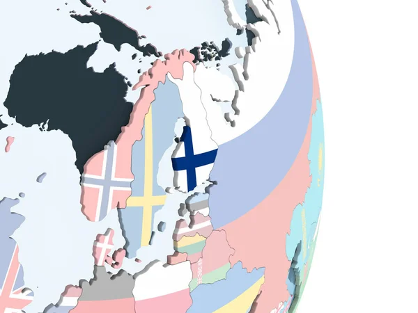 芬兰上嵌入旗帜的明亮政治地球仪 — 图库照片