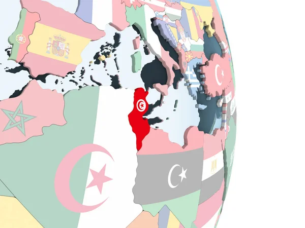 突尼斯在明亮的政治全球与嵌入的旗子 — 图库照片