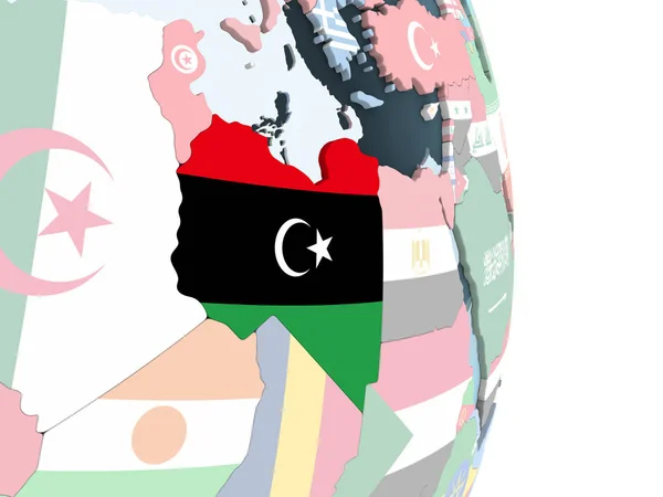 Libia Brillante Globo Político Con Bandera Incrustada Ilustración —  Fotos de Stock
