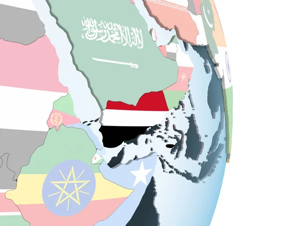 Yemen Bright Political Globe Embedded Flag Illustration — Stock Photo, Image