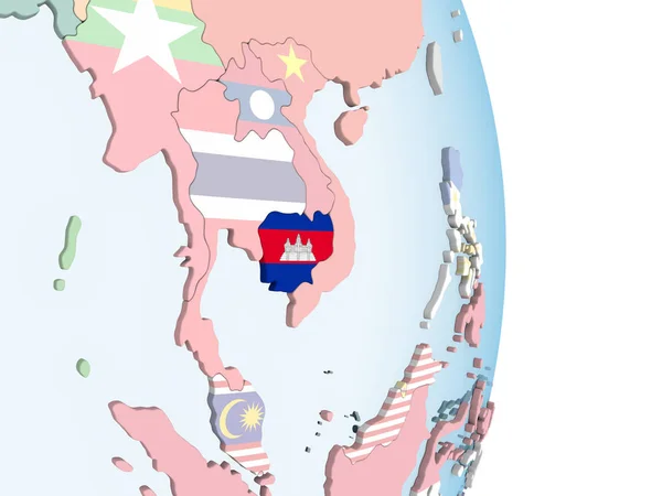 Kamboçya Katıştırılmış Bayrak Ile Parlak Siyasi Dünya Üzerinde Çizim — Stok fotoğraf