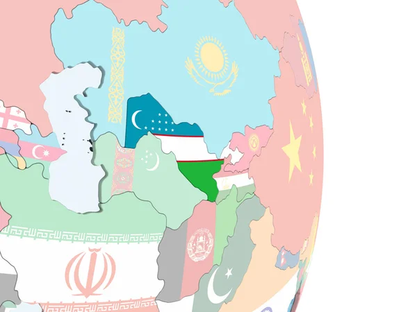 Usbekistan Auf Einem Hellen Politischen Globus Mit Eingebetteter Flagge Illustration — Stockfoto