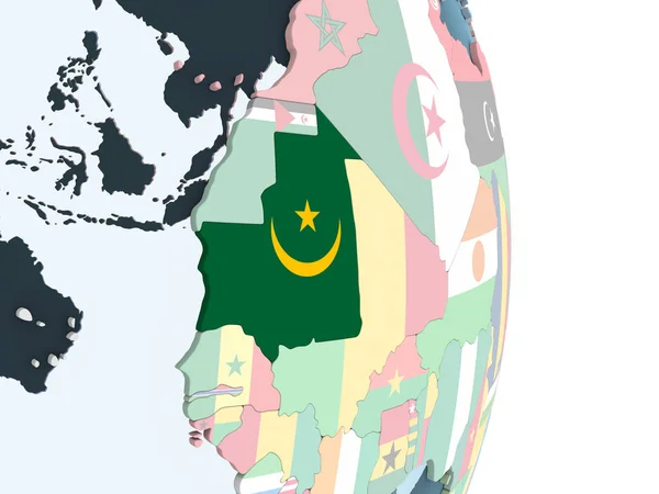 Mauritania Brillante Globo Político Con Bandera Incrustada Ilustración — Foto de Stock