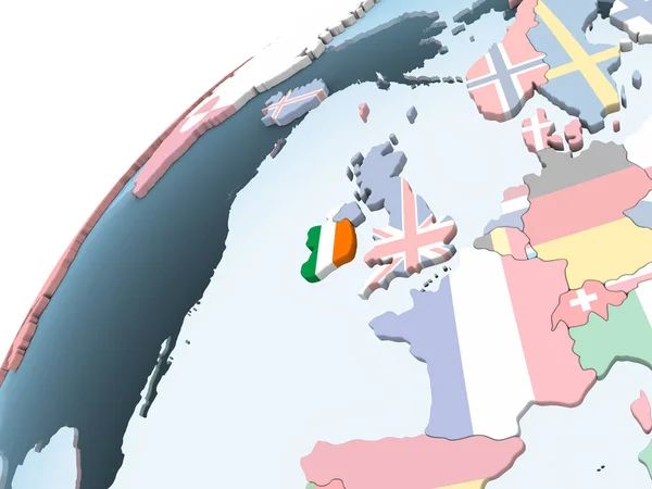 Ireland on bright political globe with embedded flag. 3D illustration.