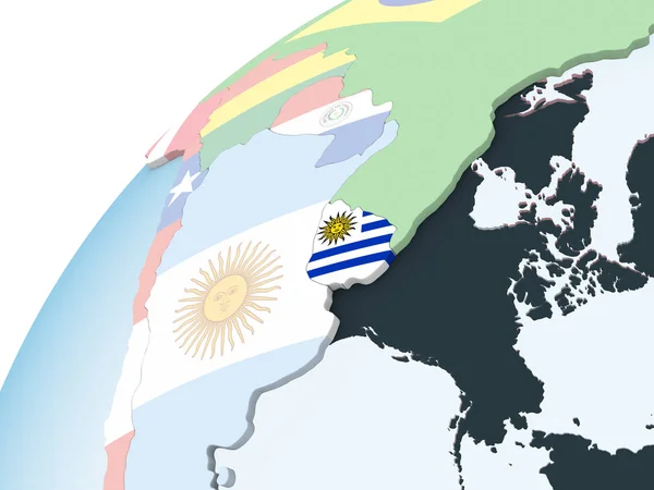 Uruguay Brillante Globo Político Con Bandera Incrustada Ilustración — Foto de Stock