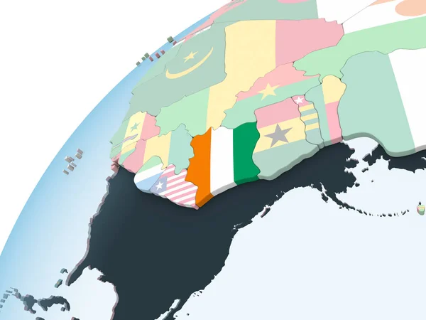 Ivory Coast on bright political globe with embedded flag. 3D illustration.