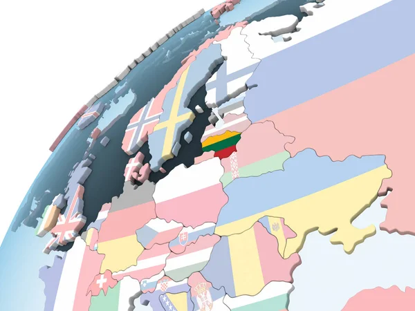 Lituânia Brilhante Globo Político Com Bandeira Embutida Ilustração — Fotografia de Stock