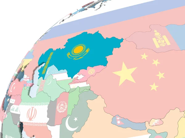 哈萨克斯坦在明亮的政治世界与嵌入的旗子 — 图库照片