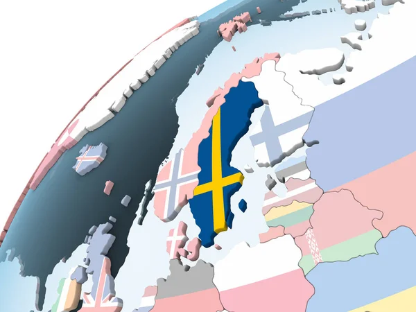 Швеция Ярком Политическом Глобусе Встроенным Флагом Иллюстрация — стоковое фото
