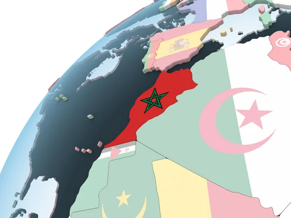 Marokko Auf Einem Hellen Politischen Globus Mit Eingebetteter Flagge Illustration — Stockfoto
