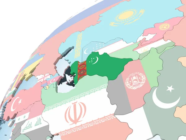 Turkmenistán Brillante Globo Político Con Bandera Incrustada Ilustración — Foto de Stock