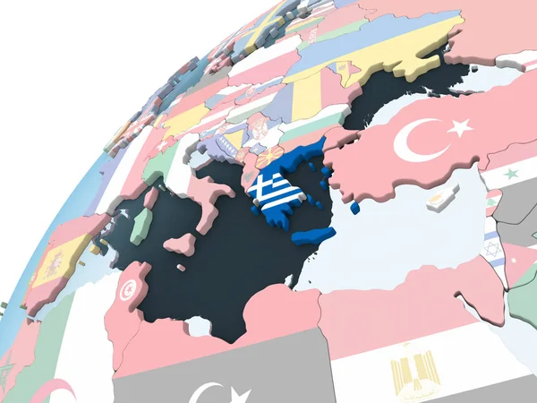 Grecia Luminoso Globo Politico Con Bandiera Incorporata Illustrazione — Foto Stock