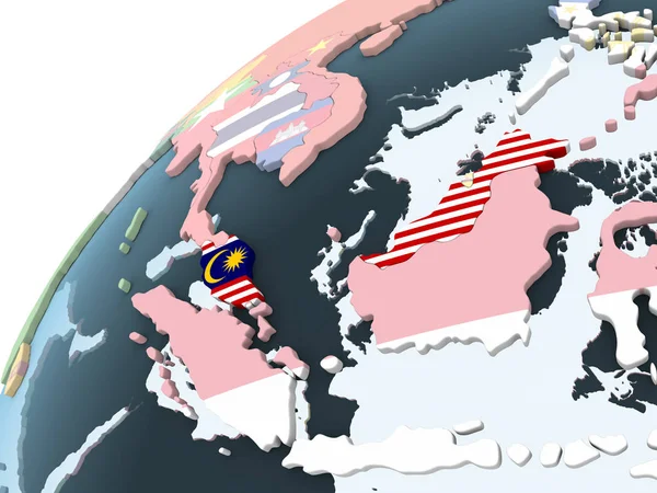 马来西亚上嵌入旗帜的明亮政治地球仪 — 图库照片