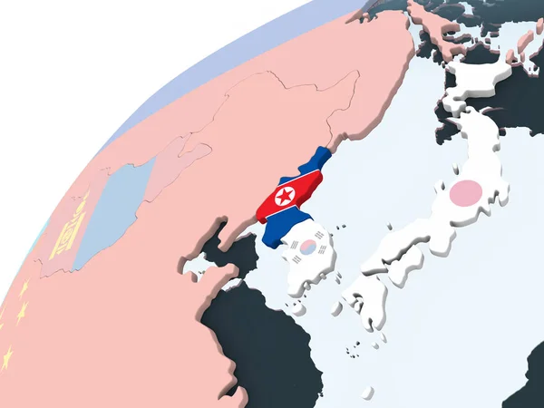 Noord Korea Heldere Politieke Wereldbol Met Ingesloten Vlag Illustratie — Stockfoto