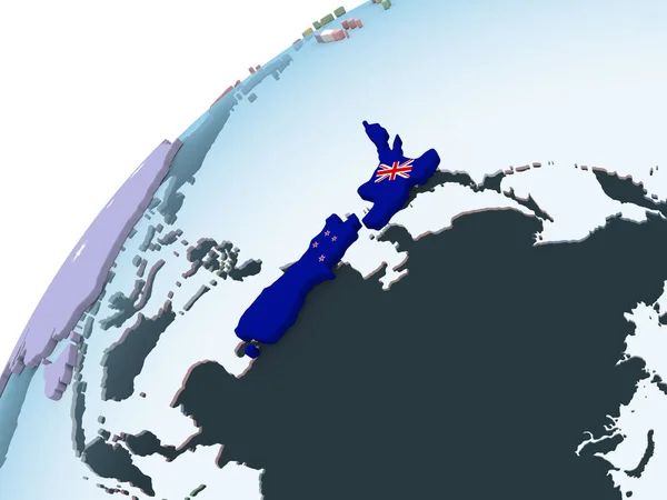 Nowa Zelandia Jasne Globus Polityczny Flagą Osadzonych Ilustracja — Zdjęcie stockowe