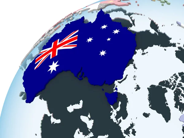 Australia on bright political globe with embedded flag. 3D illustration.