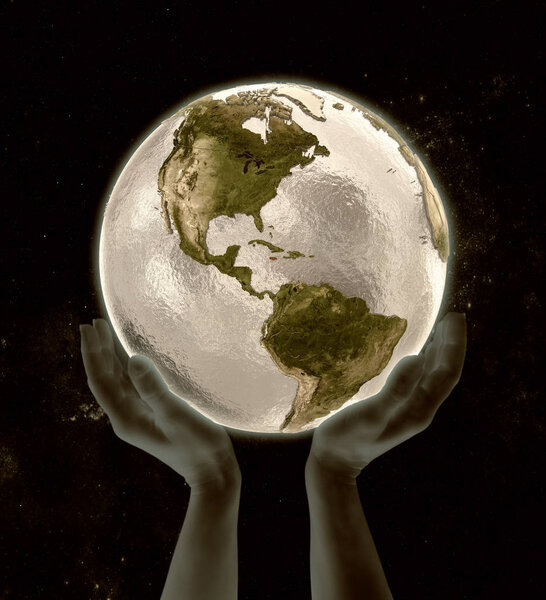 Jamaica on globe in hands in space. 3D illustration.