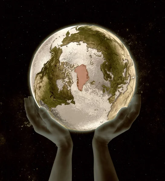 空間での手で世界中のグリーンランド イラストレーション — ストック写真