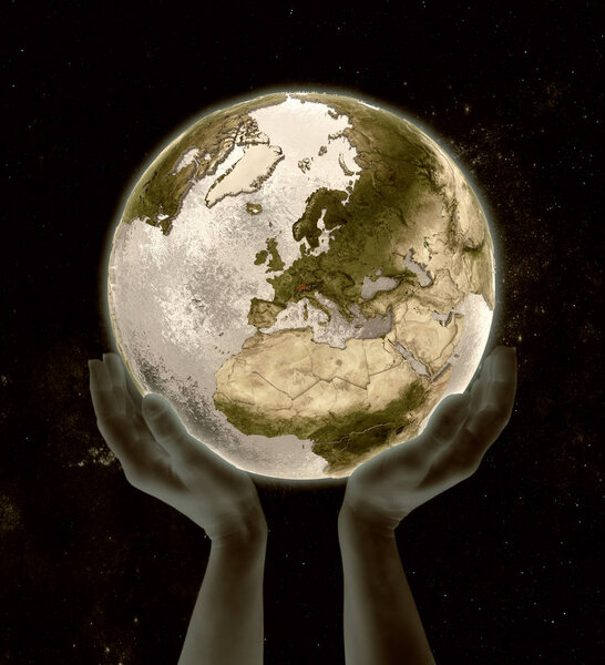 Switzerland on globe in hands in space. 3D illustration.