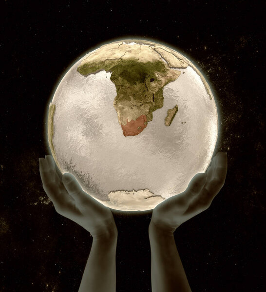 South Africa on globe in hands in space. 3D illustration.
