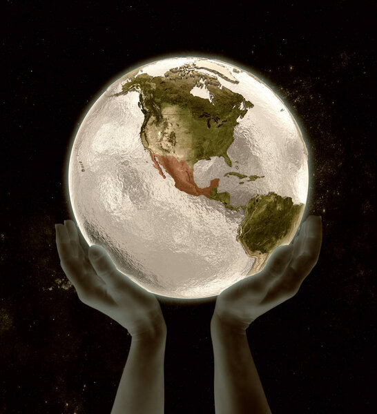 Mexico on globe in hands in space. 3D illustration.