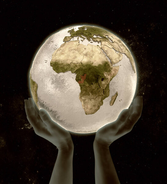 Congo on globe in hands in space. 3D illustration.