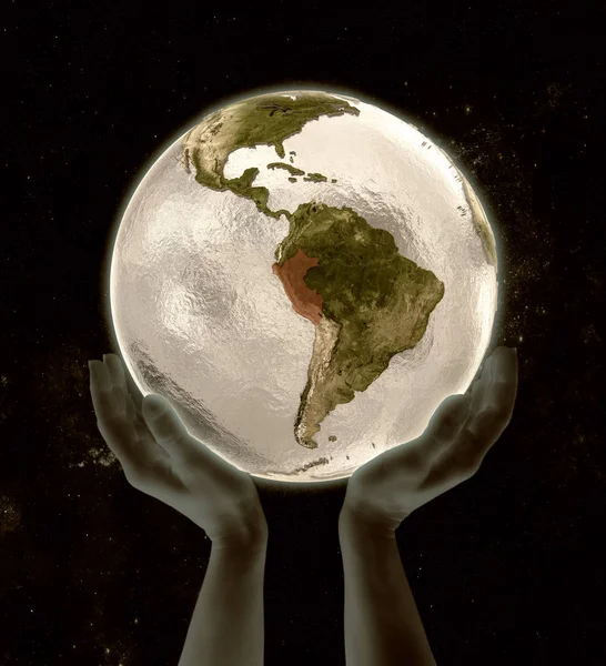 Peru on globe in hands in space. 3D illustration.