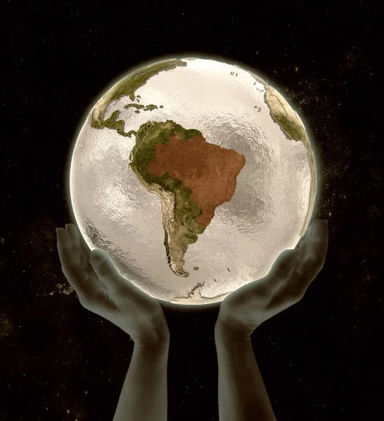Бразилия Глобусе Руках Космосе Иллюстрация — стоковое фото