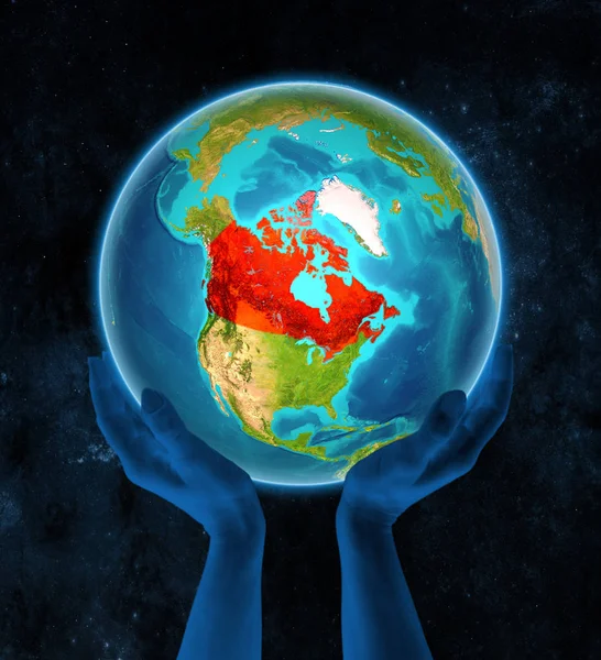 Canada in red on globe held in hands in space. 3D illustration.