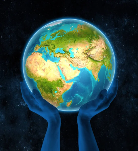 Kuwait Rött Globe Höll Händer Rymden Illustration — Stockfoto