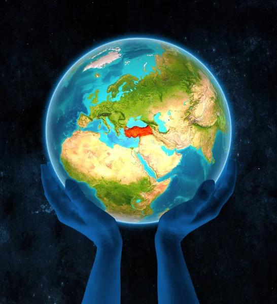Турция Красном Земном Шаре Держатся Руках Космосе Иллюстрация — стоковое фото