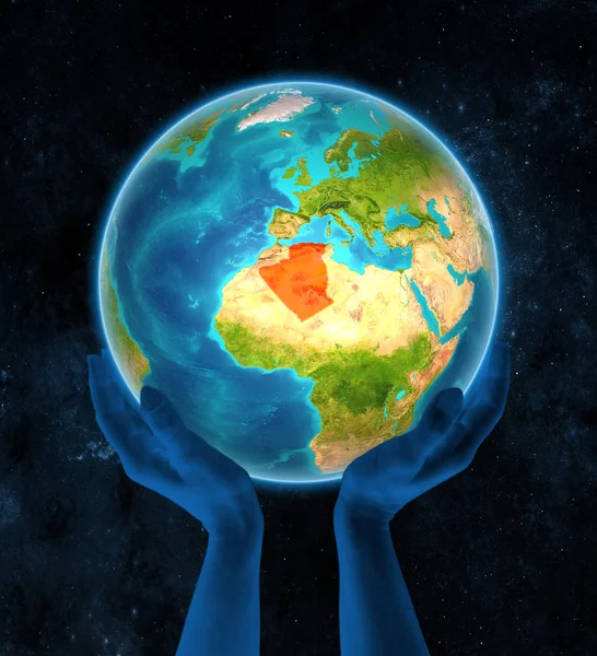 Algeria Red Globe Held Hands Space Illustration — Stock Photo, Image