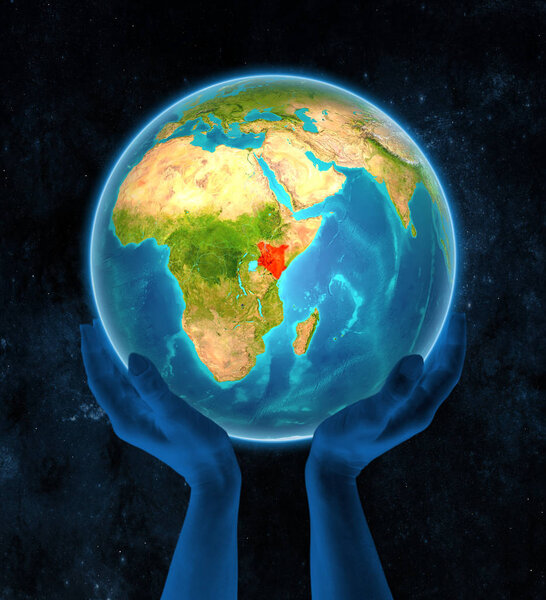 Kenya in red on globe held in hands in space. 3D illustration.