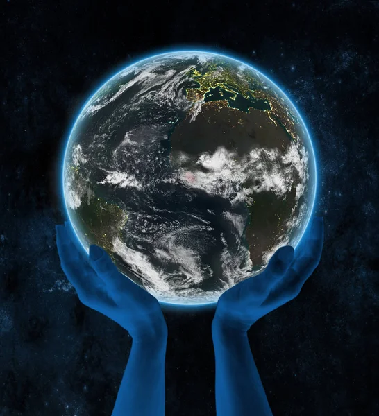 空間での手で夜 地球にリベリア イラストレーション — ストック写真