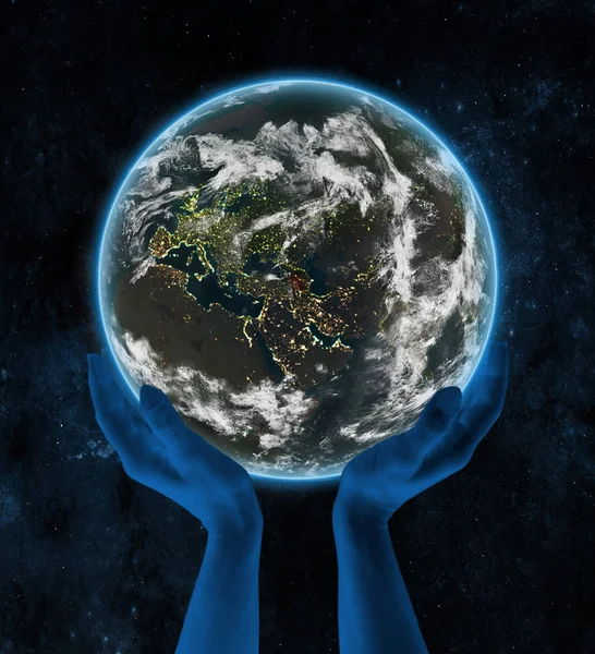 Armenien Auf Der Erde Der Nacht Händen Weltraum Illustration — Stockfoto