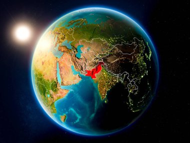 Günbatımı red Planet Earth görünür ülke sınırları ile vurgulanmış Pakistan yukarıda. 3D çizim. Nasa tarafından döşenmiş bu görüntü unsurları.