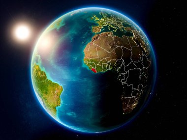 Günbatımı red Planet Earth görünür ülke sınırları ile vurgulanmış Liberya yukarıda. 3D çizim. Nasa tarafından döşenmiş bu görüntü unsurları.