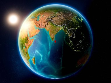 Günbatımı yukarıda Sri Lanka Planet Earth görünür ülke sınırları ile kırmızı vurgulanır. 3D çizim. Nasa tarafından döşenmiş bu görüntü unsurları.