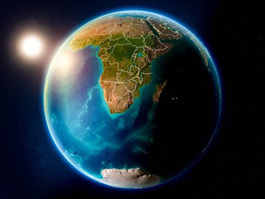 Günbatımı red Planet Earth görünür ülke sınırları ile vurgulanmış Svaziland yukarıda. 3D çizim. Nasa tarafından döşenmiş bu görüntü unsurları.