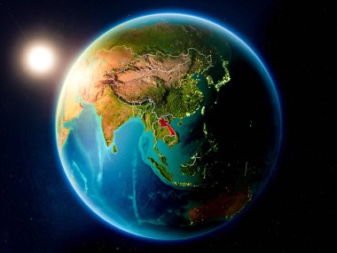 Günbatımı red Planet Earth görünür ülke sınırları ile vurgulanmış Laos yukarıda. 3D çizim. Nasa tarafından döşenmiş bu görüntü unsurları.