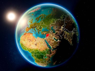 Günbatımı red Planet Earth görünür ülke sınırları ile vurgulanmış Suriye yukarıda. 3D çizim. Nasa tarafından döşenmiş bu görüntü unsurları.
