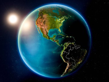 Günbatımı yukarıda El Salvador Planet Earth görünür ülke sınırları ile kırmızı vurgulanır. 3D çizim. Nasa tarafından döşenmiş bu görüntü unsurları.