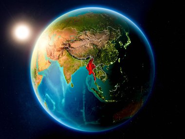 Günbatımı red Planet Earth görünür ülke sınırları ile vurgulanmış Myanmar yukarıda. 3D çizim. Nasa tarafından döşenmiş bu görüntü unsurları.