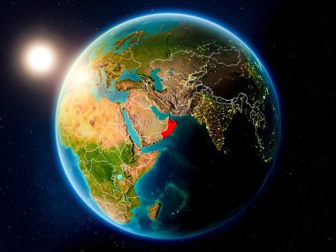 Günbatımı red Planet Earth görünür ülke sınırları ile vurgulanmış Umman yukarıda. 3D çizim. Nasa tarafından döşenmiş bu görüntü unsurları.