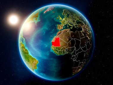 Günbatımı red Planet Earth görünür ülke sınırları ile vurgulanmış Moritanya yukarıda. 3D çizim. Nasa tarafından döşenmiş bu görüntü unsurları.