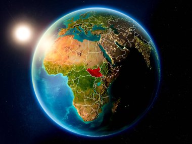 Günbatımı güney Sudan red Planet Earth görünür ülke sınırları ile vurgulanmış yukarıda. 3D çizim. Nasa tarafından döşenmiş bu görüntü unsurları.