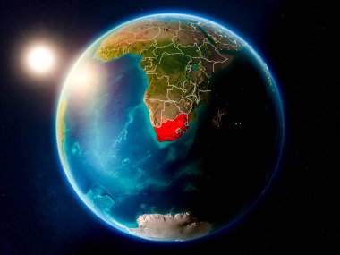 Günbatımı Güney Afrika Planet Earth görünür ülke sınırları ile kırmızı vurgulanır yukarıda. 3D çizim. Nasa tarafından döşenmiş bu görüntü unsurları.