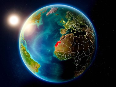 Günbatımı Batı Sahra red Planet Earth görünür ülke sınırları ile vurgulanmış yukarıda. 3D çizim. Nasa tarafından döşenmiş bu görüntü unsurları.